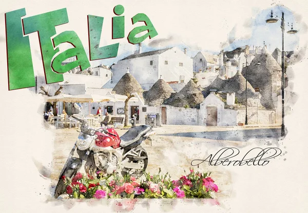 Alberobello dans un style aquarelle. Italie — Photo