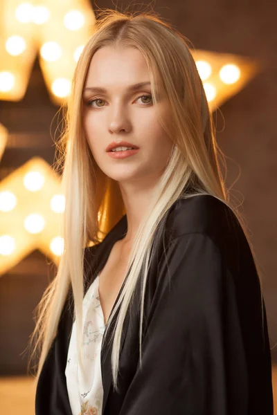 Beautiful Young Woman Blonde Hair Posing Bedroom — Stock Photo, Image