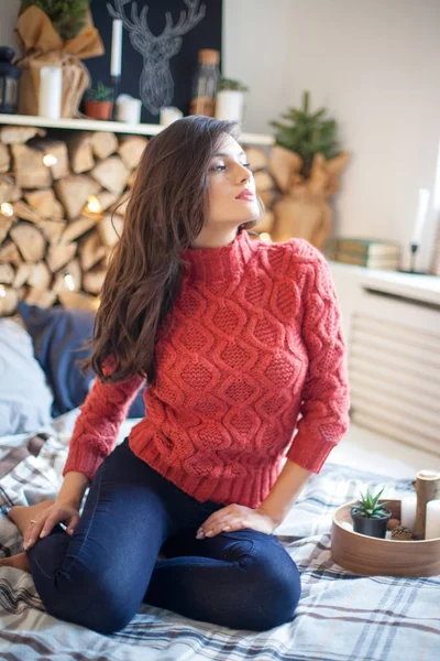 Belleza Mujer Moda Con Caja Regalo Navidad Árbol Año Nuevo — Foto de Stock