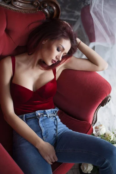 Sexy Stylish Woman Red Corset — Stock Photo, Image