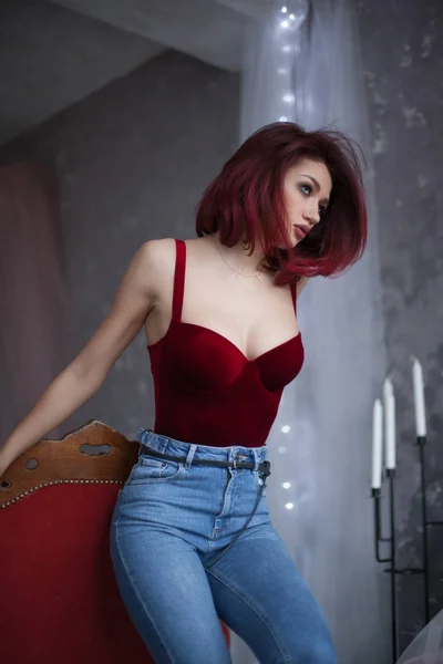 Sexy Élégante Femme Corset Rouge — Photo