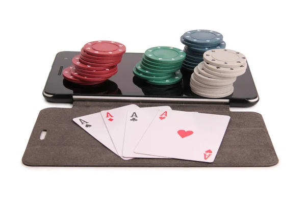 Playing Cards Chips Tablet White Background — Stock Photo, Image