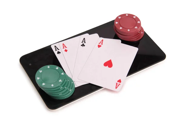 Playing Cards Chips Tablet White Background — Stock Photo, Image