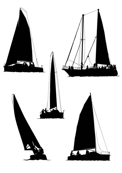 Sports yacht with sail in sea on white background