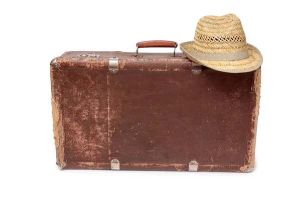 Old Suitcase Straw Hat White Background — Stock Photo, Image