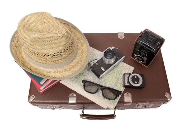 Valise Vintage Vieil Appareil Photo Sur Fond Blanc — Photo