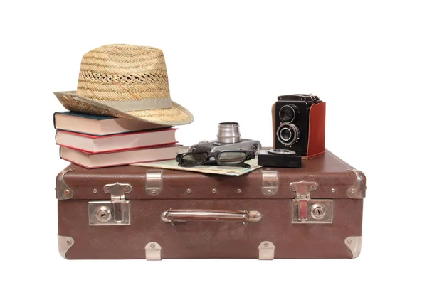 Valise Vintage Vieil Appareil Photo Sur Fond Blanc — Photo