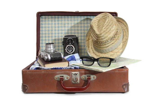 Valise Vintage Vieil Appareil Photo Sur Fond Blanc — Photo