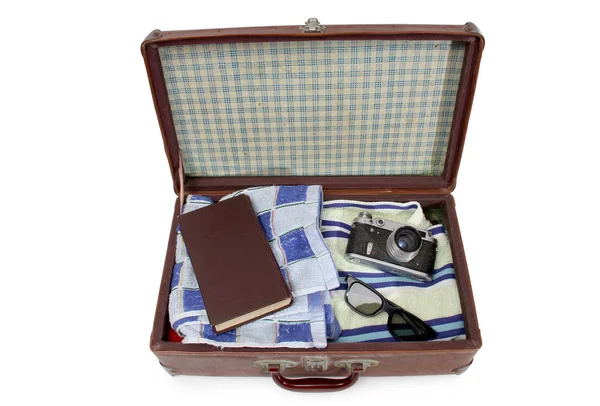 Vintage Suitcase Old Camera White Background — Stock Photo, Image