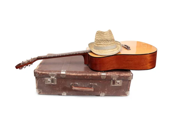 Old Suitcase Guitar Country Style White Background — Stock Photo, Image