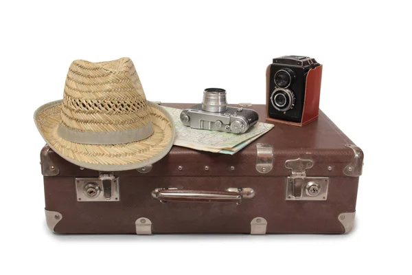 Valise Vintage Vieil Appareil Photo Sur Fond Blanc — Photo