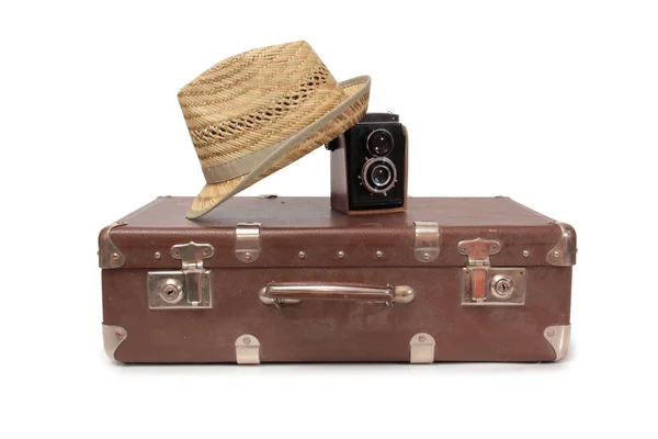 Valise Vintage Vieil Appareil Photo Sur Fond Blanc — Photo