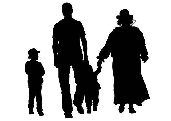 有孩子的家庭在白色背景下行走 — 图库矢量图片