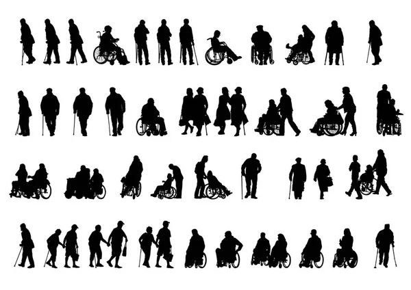 Силуэты Людей Инвалидной Коляске Белом Фоне — стоковый вектор