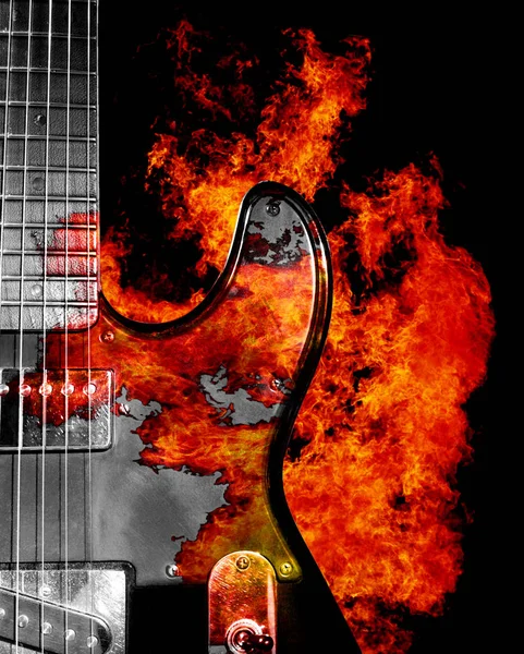 Guitarra Eléctrica Llamas Sobre Fondo Negro — Foto de Stock