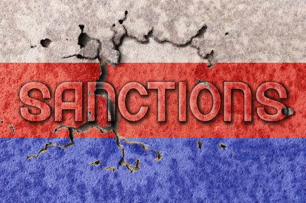 Palavra Sanções Rússia Pintado Fundo Tijolo — Fotografia de Stock