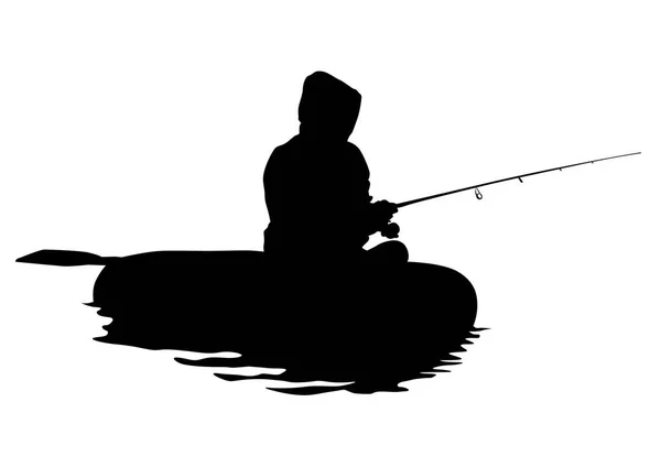 白い背景にゴムボートを使っての釣り竿を持つ漁師 — ストックベクタ