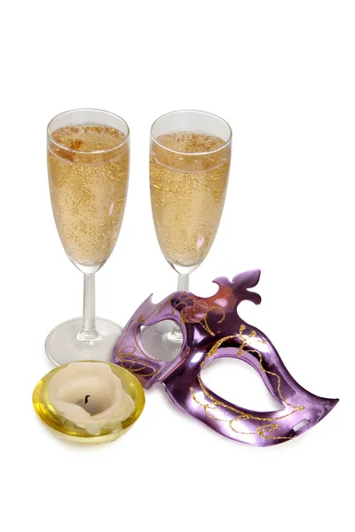白地にシャンパンとカーニバル マスクとメガネ — ストック写真