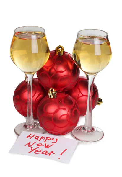 Lunettes Avec Champagne Boules Noël Sur Fond Blanc — Photo
