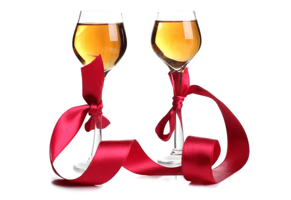 Wine Glasses Red Ribbon White Background — Stock Photo, Image