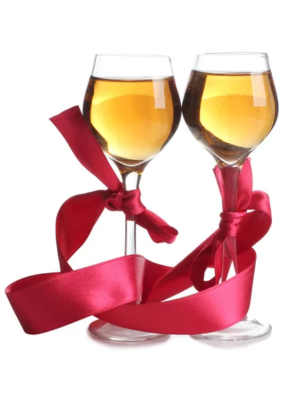 Wine Glasses Red Ribbon White Background — Stock Photo, Image