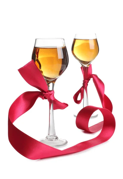 Wine Glasses Red Ribbon White Background — Stock Photo, Image