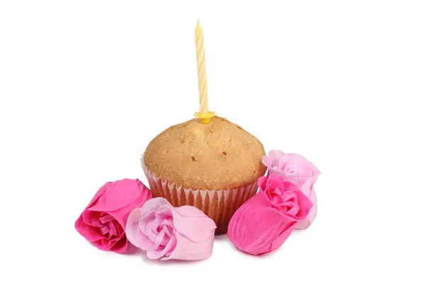 Fresh Sweet Cupcake Candle White Background — Stock Photo, Image