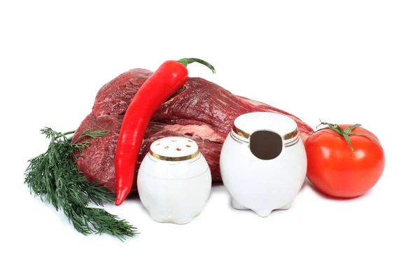 Carne Fresca Cruda Pepe Rosso Sfondo Bianco — Foto Stock