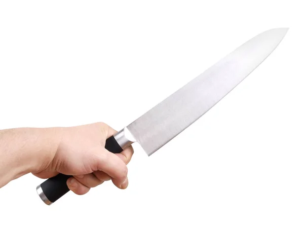 Beyaz Arka Plan Üzerinde Elinde Metal Mutfak Bıçak — Stok fotoğraf