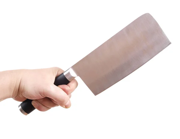 白い背景の上の手に金属キッチン ナイフ — ストック写真