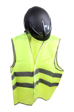 İnşaat zor kask ve beyaz zemin üzerine sarı yelek