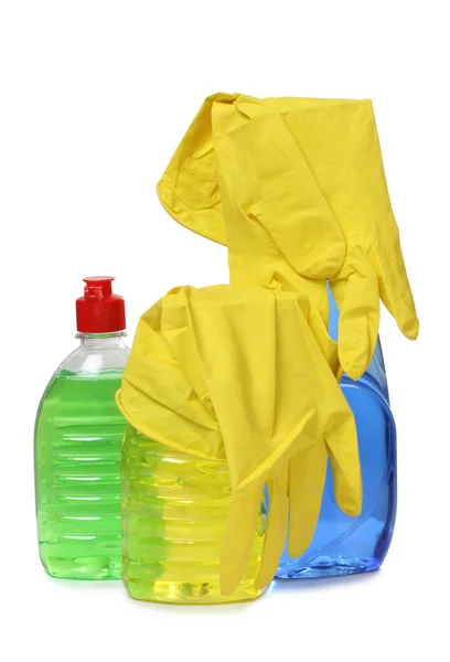 保護手袋と白い背景の上のクリーニング製品 — ストック写真