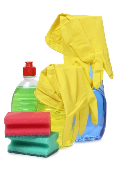 Protective Gloves Cleaning Products White Background — Stock Photo, Image