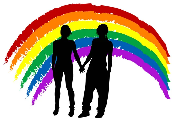 Twee Jonge Meisjes Achtergrond Van Regenboog — Stockvector