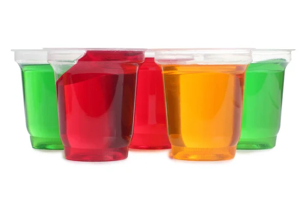 Marmellata Bicchieri Plastica Con Frutta Cruda Sfondo Bianco — Foto Stock