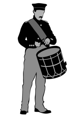 Beyaz arka plan üzerinde büyük davul ile eski üniformalı asker