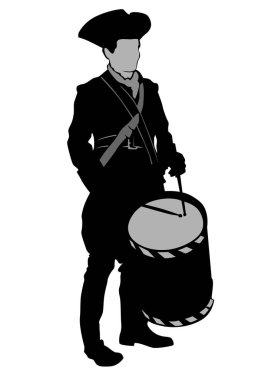 Soldier in old uniform with big drum on white background clipart