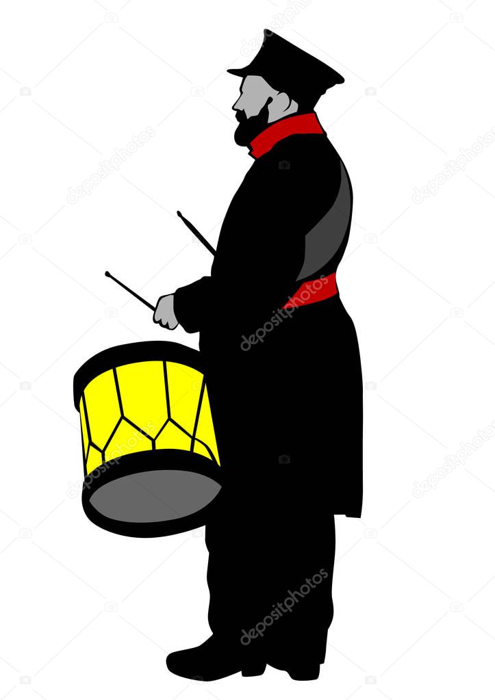 Soldier in old uniform with big drum on white background