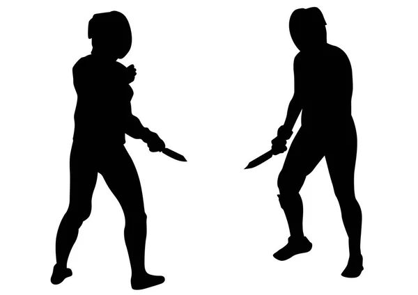 Les Femmes Dans Sport Battent Avec Des Couteaux Sur Fond — Image vectorielle