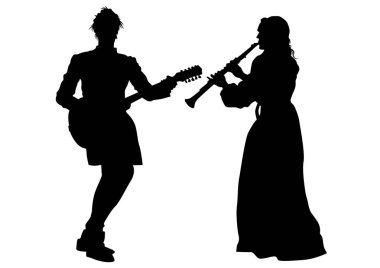 Beyaz arka planda eski enstrümanlara sahip müzisyenler