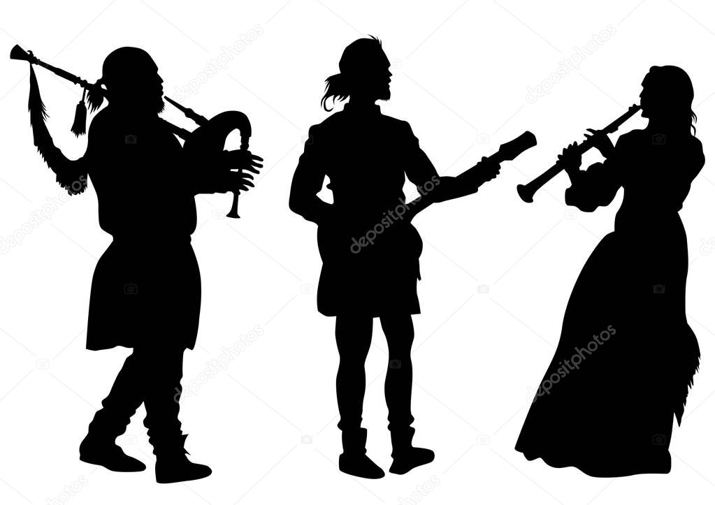 Musicians with old instruments on white background