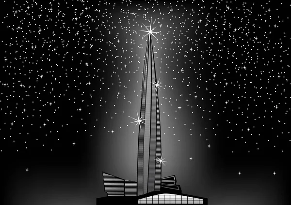 Grattacielo Vetro Alto Sullo Sfondo Del Cielo Notturno — Vettoriale Stock