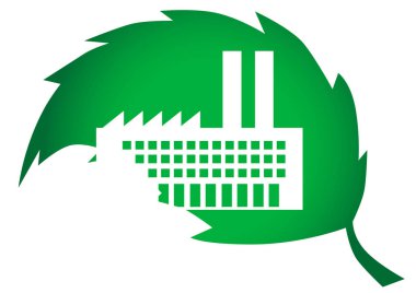 Beyaz bir arka planda modern sektörün nesneleriyle yeşil yaprak