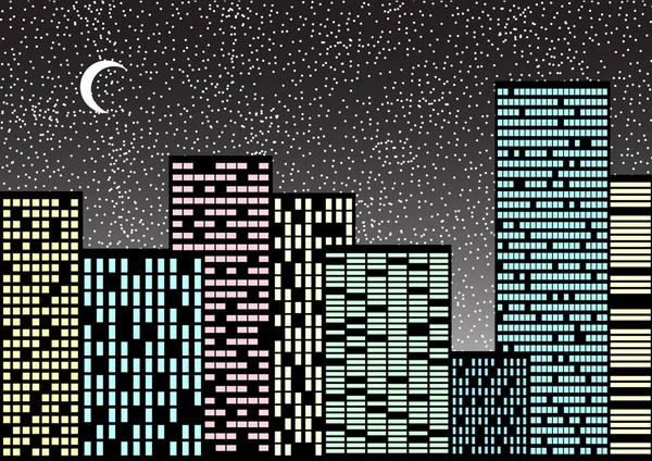 在夜空的背景上的高大玻璃摩天大楼 — 图库矢量图片