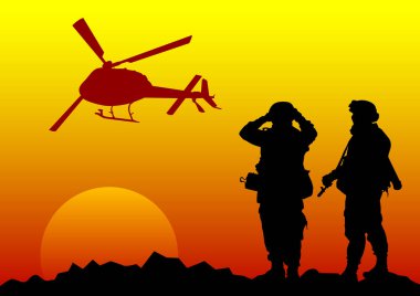 Silah ve helikopter ile üniformalı asker