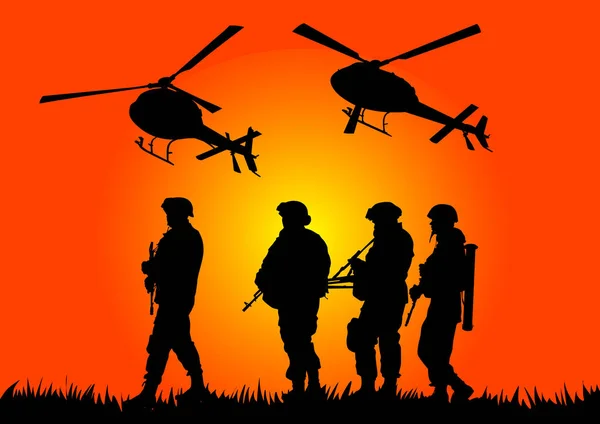 Soldado Uniforme Com Arma Helicóptero —  Vetores de Stock