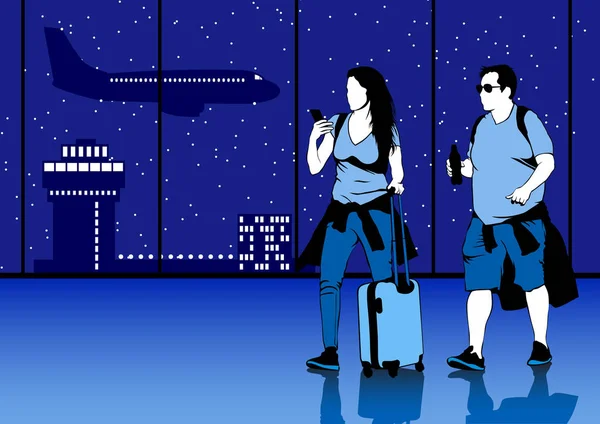 Homme Femme Avec Une Valise Aéroport — Image vectorielle
