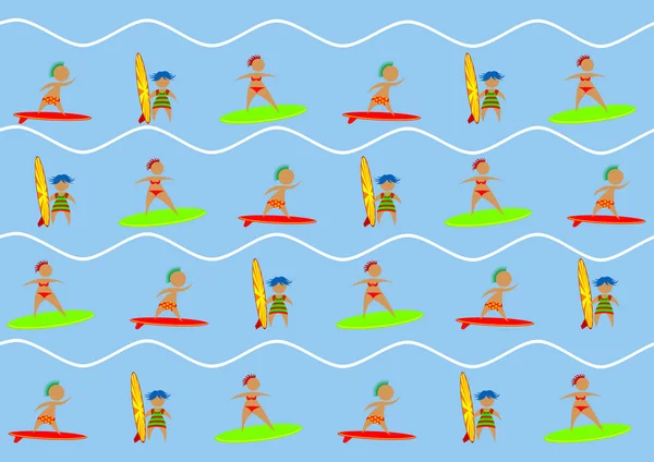 Persone Costume Bagno Con Una Tavola Surf Sullo Sfondo Del — Vettoriale Stock