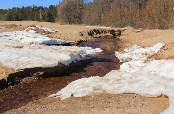 İlkbaharda deniz plajında kar ve kum