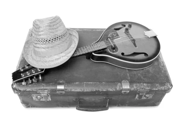 Alter Koffer Und Mandoline Landhausstil Auf Weißem Hintergrund — Stockfoto